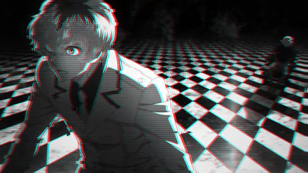 HD desktop wallpaper featuring glitch art of characters Ken Kaneki and Haise Sasaki from Tokyo Ghoul:re. The image has a distinctive black and white checkered background and showcases white-haired characters.