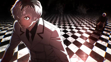 HD wallpaper of the anime Tokyo Ghoul:re featuring Ken Kaneki/Haise Sasaki with grey eyes and two-toned white hair, standing on a checkered floor with a dark, eerie background.