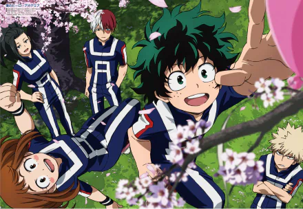 HD desktop wallpaper featuring Momo Yaoyorozu, Ochaco Uraraka, Shoto Todoroki, Izuku Midoriya, and Katsuki Bakugou from My Hero Academia, under cherry blossoms with joyful expressions.
