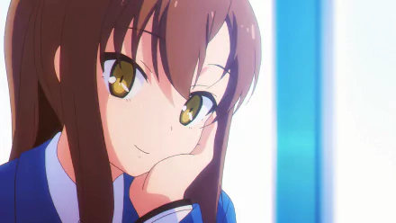 HD desktop wallpaper featuring Nanami Aoyama from the anime Sakurasou no Pet na Kanojo. She is resting her chin on her hand, wearing a blue outfit, with a thoughtful expression.