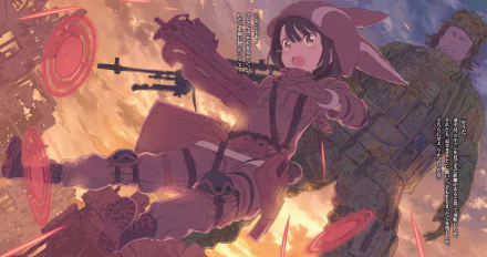 HD desktop wallpaper of LLENN (Sword Art Online Alternative: Gun Gale Online) in an action scene, with vibrant colors and detailed background, also featuring characters Goushi Asougi and Karen Kohiruimaki.