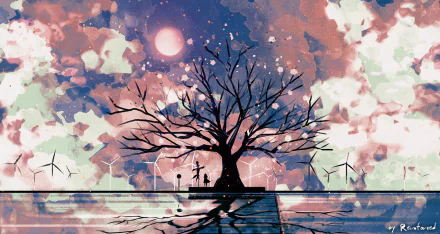 Anime-style HD desktop wallpaper featuring a long-haired figure near a cherry blossom tree, a scarecrow, and wind turbines under a vibrant, cloud-filled sky.