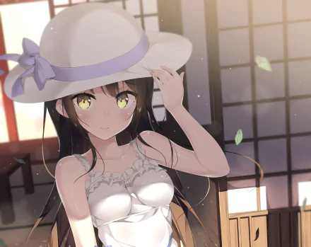 Anime-style HD wallpaper of a smiling girl with long brown hair, yellow eyes, and a blush, wearing a white hat with a bow and a white top in a softly lit room.