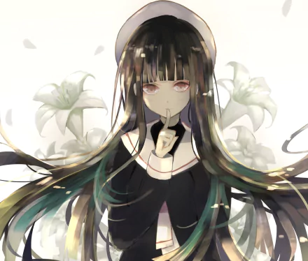 HD PC desktop wallpaper featuring Tomoyo Daidouji from the anime Cardcaptor Sakura, depicted with long dark hair and white lilies in the background.