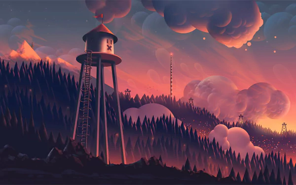 A fantasy HD landscape wallpaper featuring watchtowers amid a forest on a mountain at sunset, with dramatic clouds and an artistic sky.