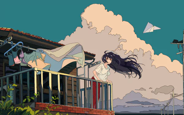 Anime original 4K Ultra HD PC wallpaper: long-haired girl on a balcony, wind-tossed hair and laundry, paper plane against dramatic clouds.
