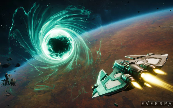 HD desktop wallpaper featuring a spaceship from Everspace flying towards a vibrant green wormhole in space.