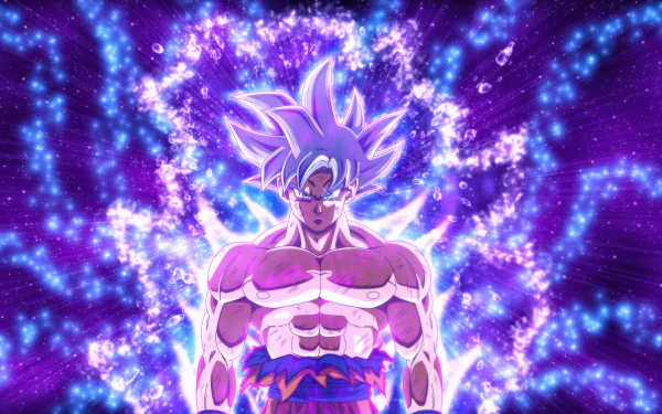 HD desktop wallpaper of Goku in his Ultra Instinct form from Dragon Ball Super. He is surrounded by a vibrant, glowing aura with purple and blue energy in the background.