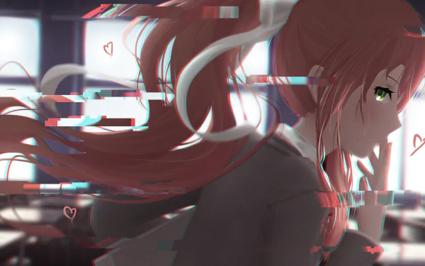 HD glitch art wallpaper featuring Monika from Doki Doki Literature Club!, a video game. The image has a digital distortion effect with heart icons in the background.