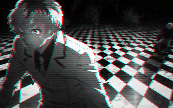 HD desktop wallpaper featuring glitch art of characters Ken Kaneki and Haise Sasaki from Tokyo Ghoul:re. The image has a distinctive black and white checkered background and showcases white-haired characters.