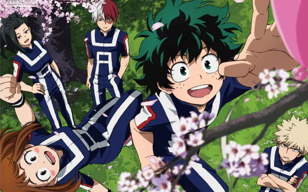 HD desktop wallpaper featuring Momo Yaoyorozu, Ochaco Uraraka, Shoto Todoroki, Izuku Midoriya, and Katsuki Bakugou from My Hero Academia, under cherry blossoms with joyful expressions.
