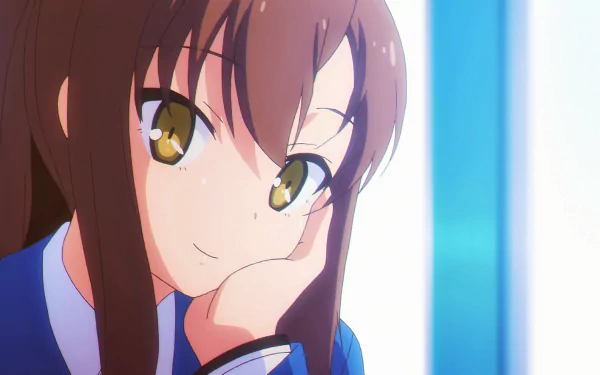 HD desktop wallpaper featuring Nanami Aoyama from the anime Sakurasou no Pet na Kanojo. She is resting her chin on her hand, wearing a blue outfit, with a thoughtful expression.
