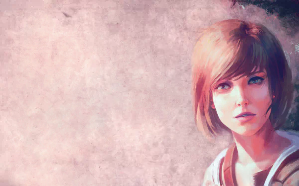 Portrait painting of Max Caulfield from the video game Life Is Strange, featuring her with short hair and blue eyes. The HD desktop wallpaper has a muted, textured background.