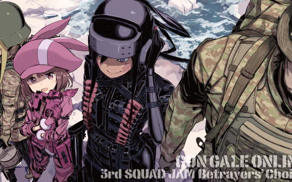 HD desktop wallpaper featuring characters LLENN, Elsa Kanzaki, Goushi Asougi, Karen Kohiruimaki, and Miyu Shinohara from Sword Art Online Alternative: Gun Gale Online. Text reads Gun Gale Online, 3rd Squad JMT, Betrayers' Choice.