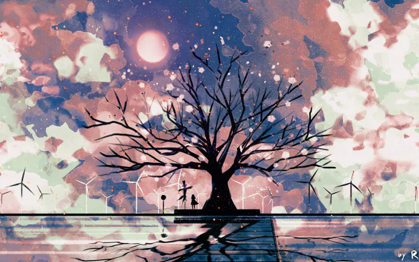 cherry blossom tree wind turbine scarecrow long hair Anime Original HD Desktop Wallpaper | Background Image