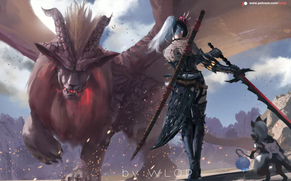 HD desktop wallpaper featuring Teostra from Monster Hunter: World, a fierce dragon-like creature, standing alongside a heavily armored hunter brandishing a large sword, set against a dramatic, mountainous landscape.