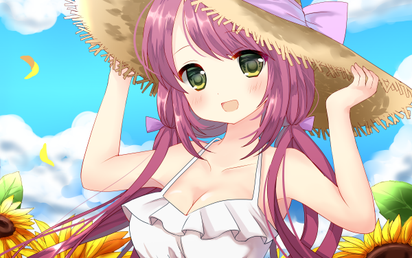 Anime Original Hat Smile Pink Hair Twintails Green Eyes Blush Sunflower HD Wallpaper | Background Image