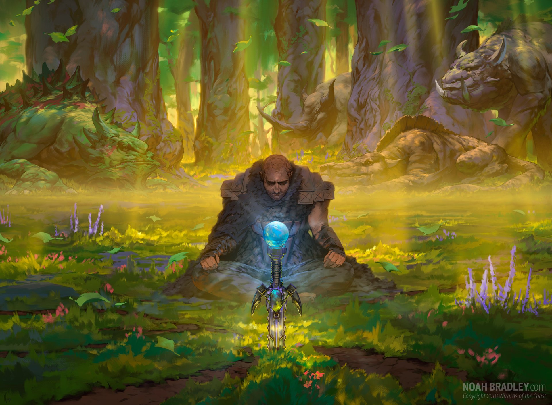 A fantasy warrior wielding a sword and magic confronts a towering creature in an enchanted forest, captured in an HD PC desktop wallpaper.