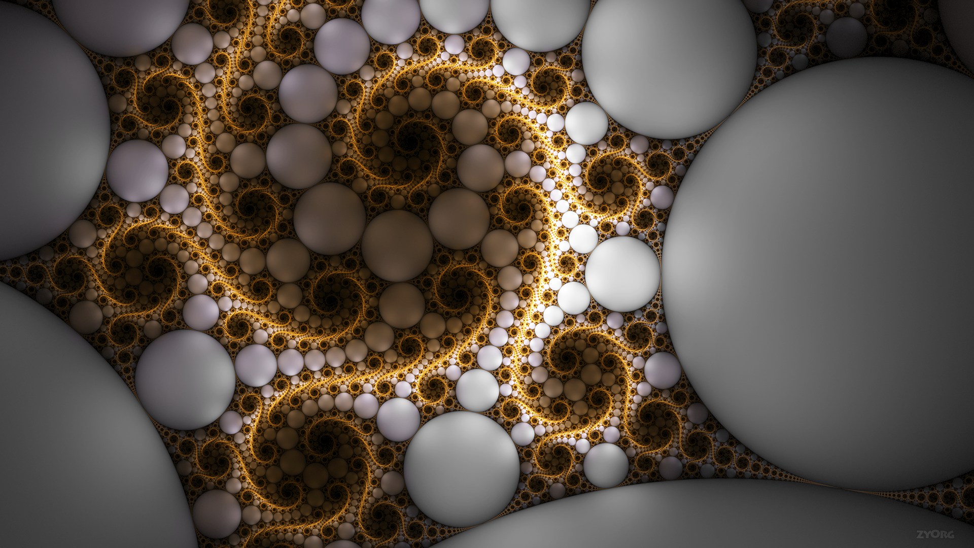 Abstract fractal design featuring swirling golden circles and pearl-like spheres, creating a dynamic and intricate HD PC desktop wallpaper and background.