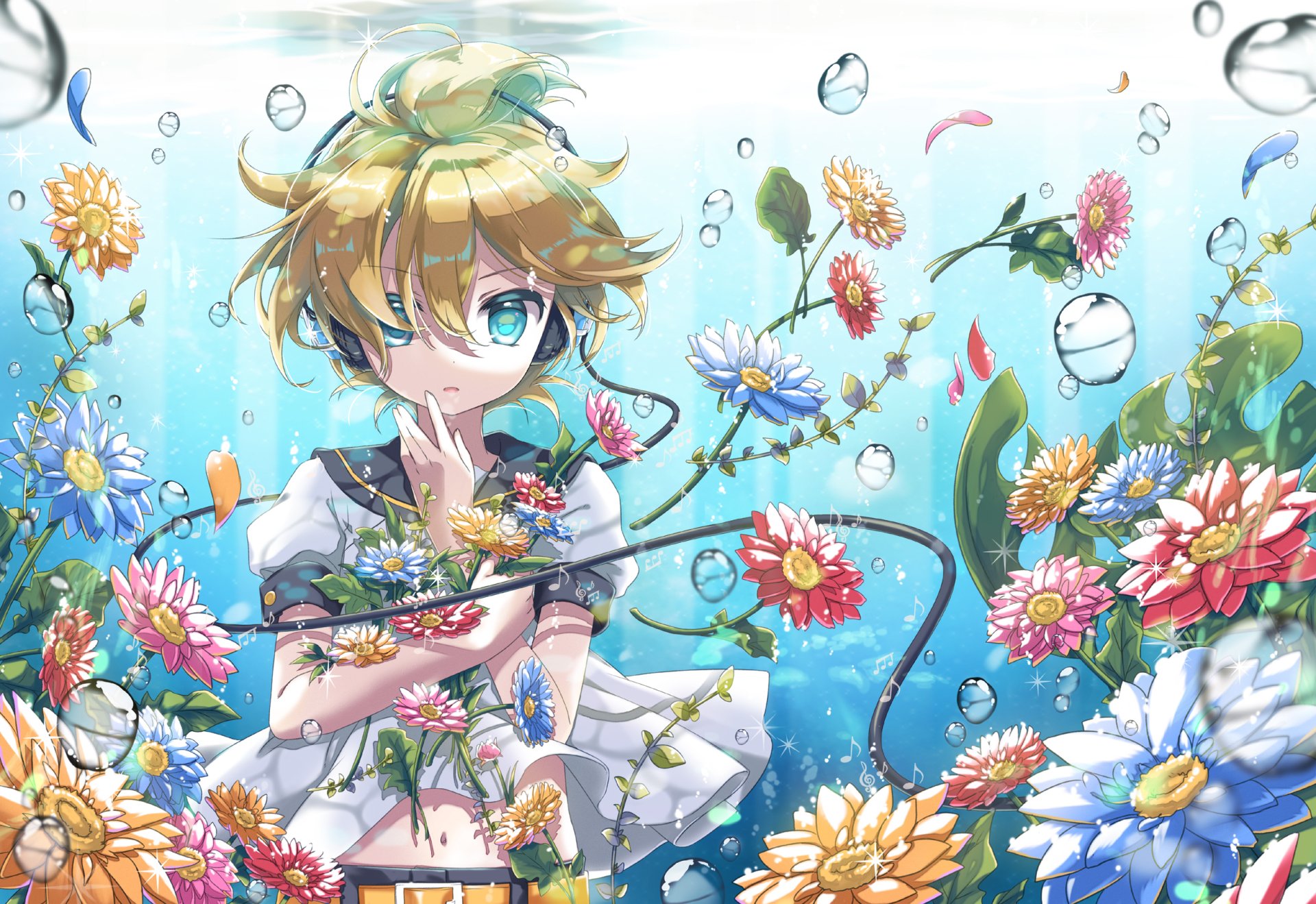 HD PC desktop wallpaper featuring Len Kagamine from Vocaloid surrounded by vibrant flowers and bubbles in an underwater-themed anime style.