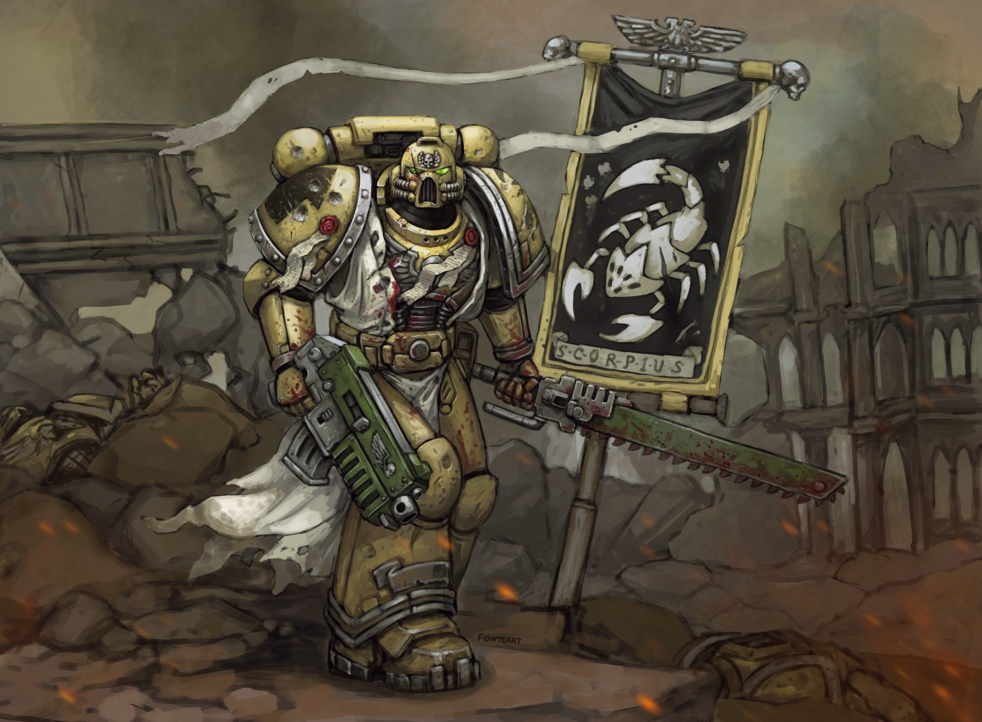 HD desktop wallpaper of a Warhammer 40k Space Marine warrior holding a weapon and banner amid a war-torn battlefield scene.