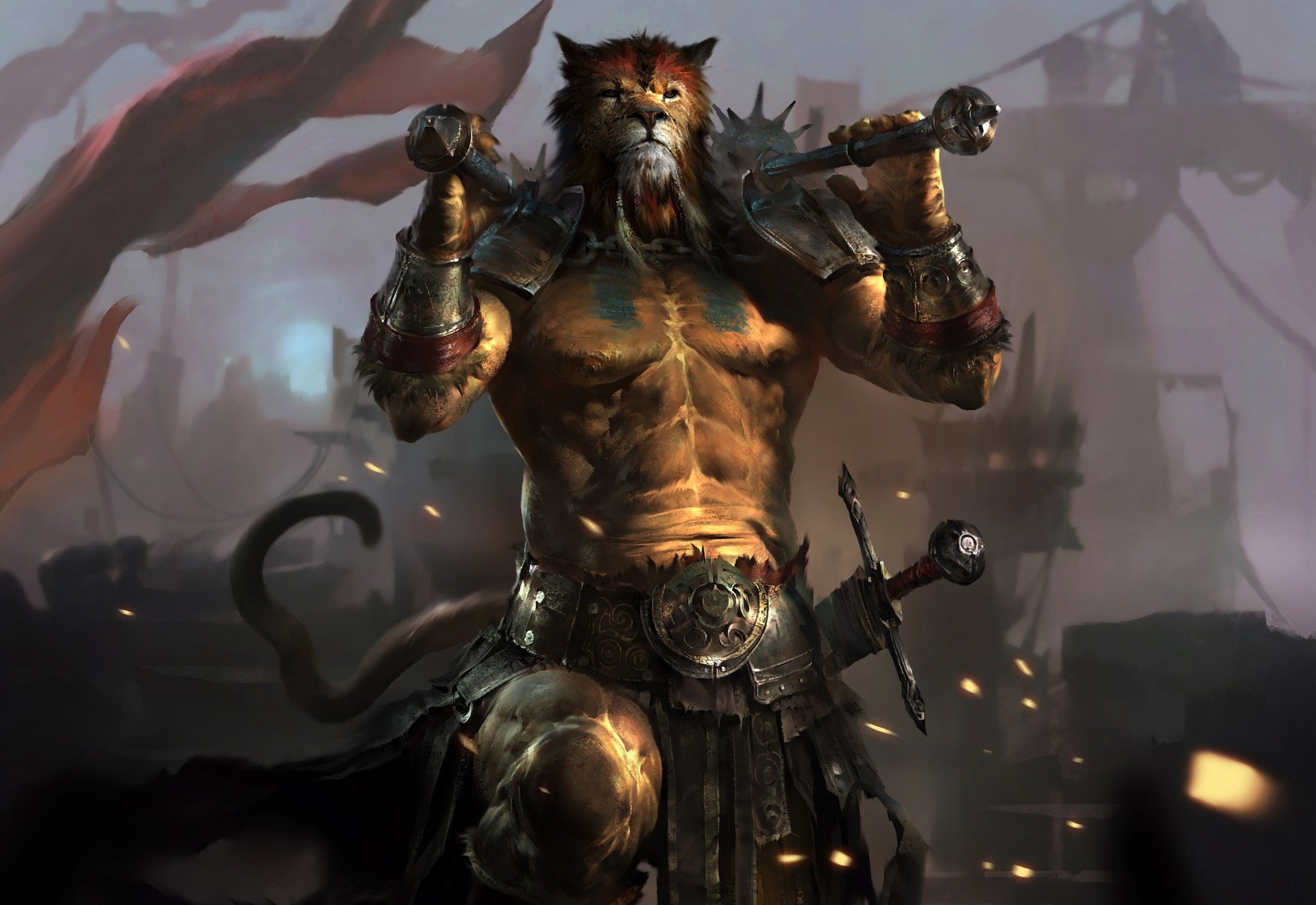 HD PC desktop wallpaper featuring a fierce, muscular warrior character from the video game The Elder Scrolls: Legends, set against a dark, misty background.