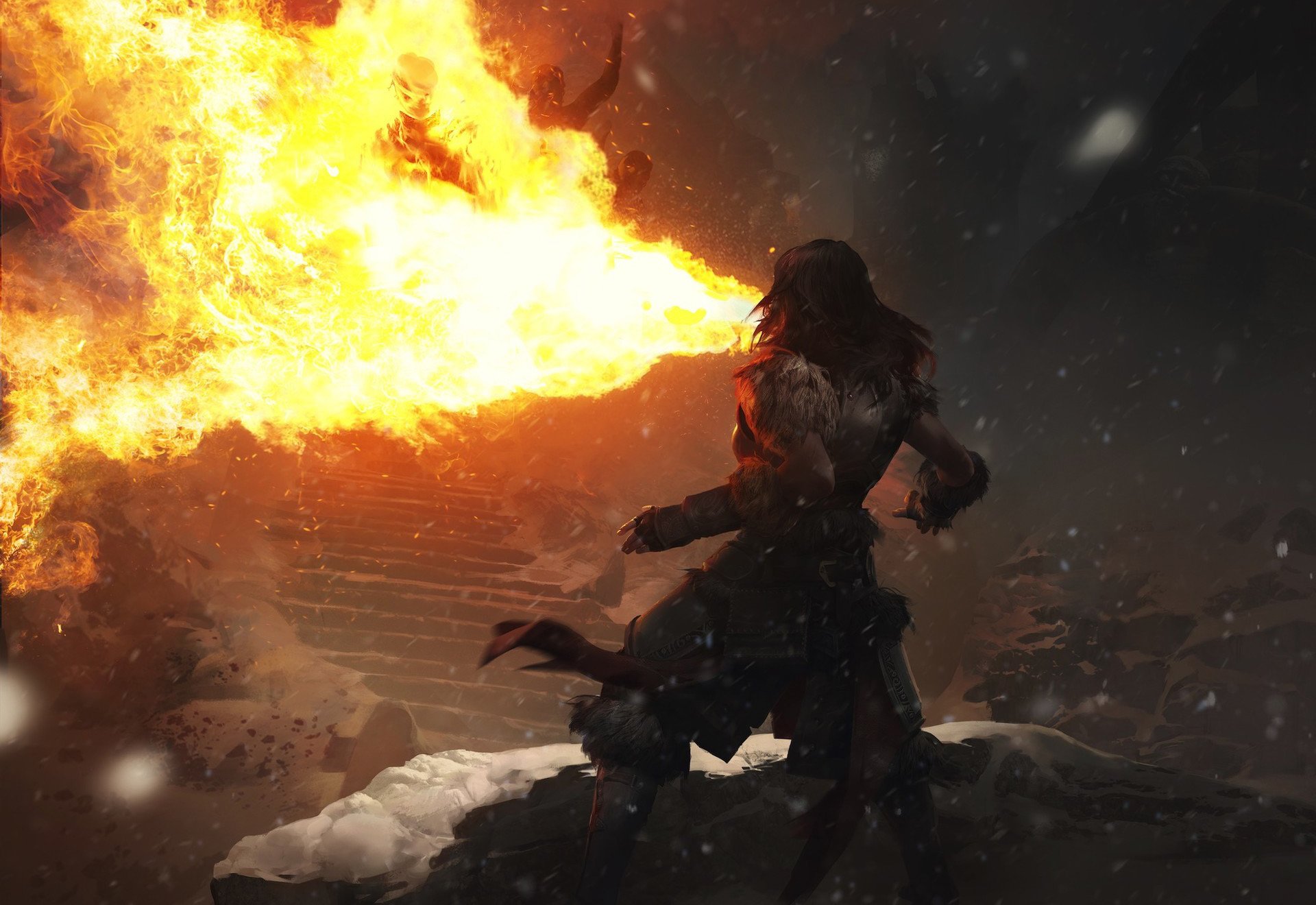 HD PC desktop wallpaper from the video game The Elder Scrolls: Legends, featuring a character unleashing a powerful fiery breath attack in a dark, snowy environment.