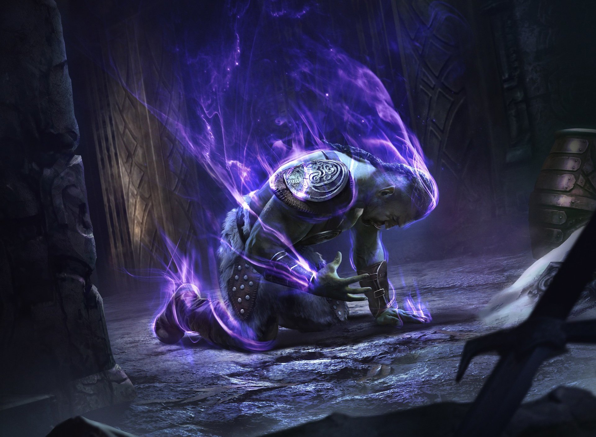 HD PC desktop wallpaper featuring a dark, mystical creature enveloped in purple energy from the video game The Elder Scrolls: Legends.