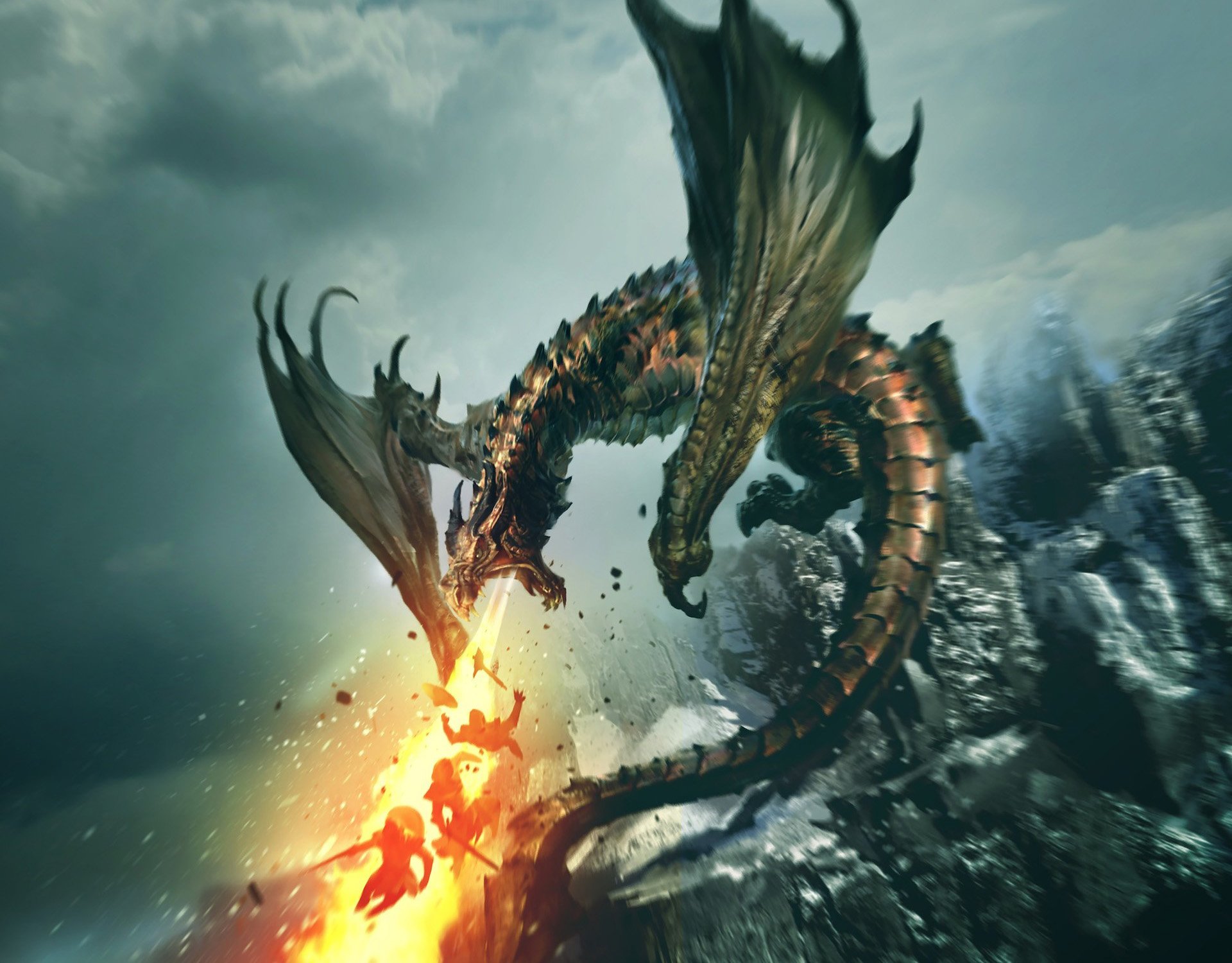 HD PC desktop wallpaper featuring a fierce dragon breathing fire, inspired by the video game The Elder Scrolls: Legends.