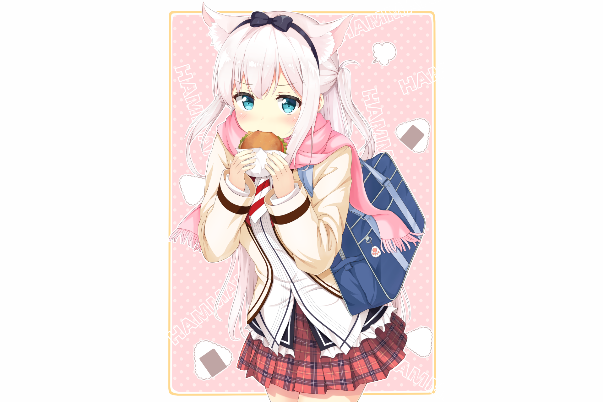 Hammann from Azur Lane in anime style, holding a sandwich with a pink background, featured in a 4K Ultra HD PC desktop wallpaper and background.