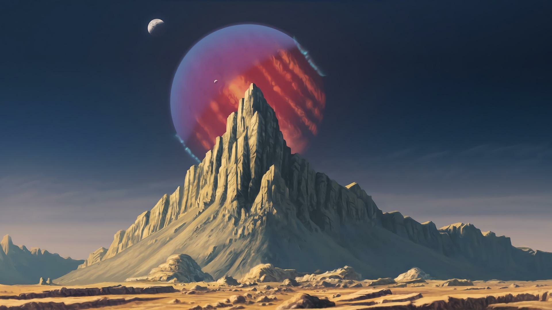 HD Sci-Fi desktop wallpaper featuring a dramatic mountain landscape under an alien sky, with a striking red and blue planet and a visible moon.