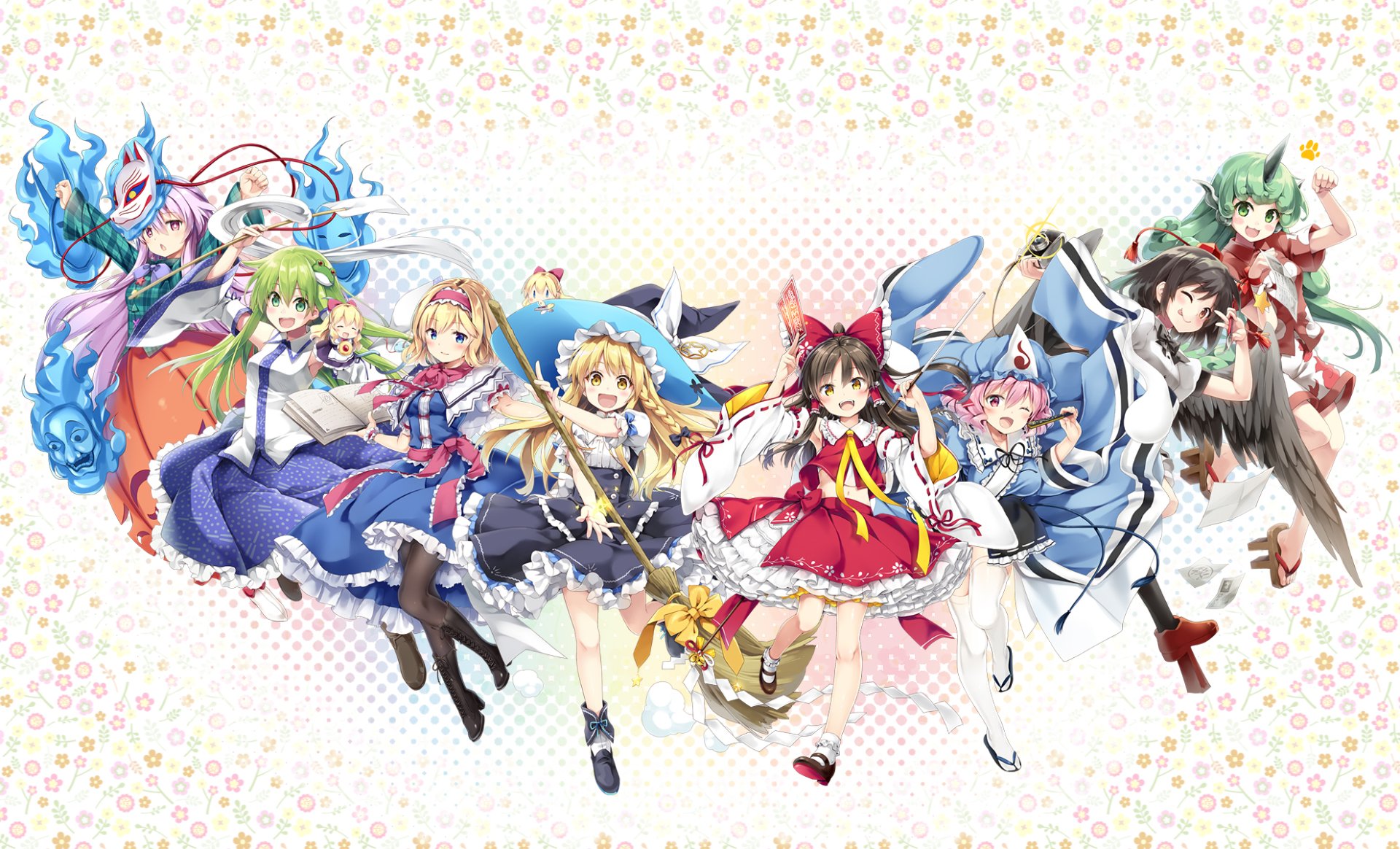 HD PC desktop wallpaper of Touhou cast — Reimu Hakurei, Marisa Kirisame, Alice Margatroid, Aya Shameimaru, Sanae Kochiya, Yuyuko Saigyouji, Hata no Kokoro, Aunn Komano & Shanghai in a group pose.