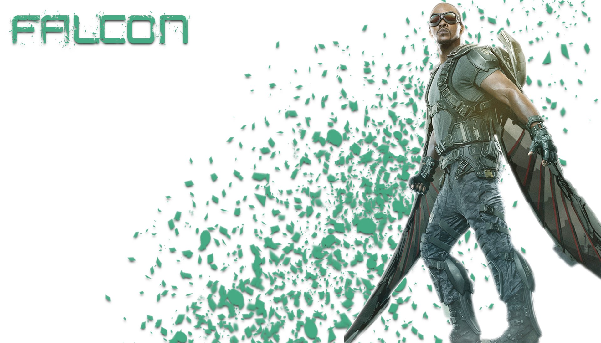 HD desktop wallpaper featuring Anthony Mackie as Falcon from the movie Avengers: Infinity War, with a dynamic fragmented green background and bold FALCON text.
