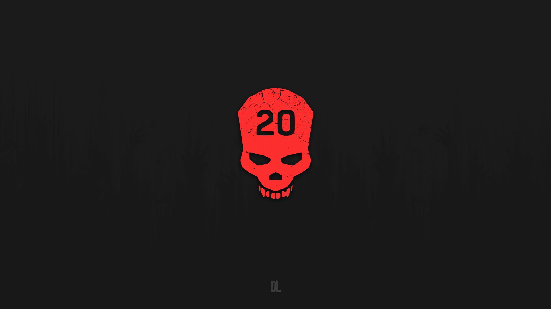 Minimalist skull wallpaper - 'Cant Touch This' (Dying Light) video game art: red skull marked '20' on a black field. 8K Ultra HD PC desktop wallpaper/background, Minimalist Gaming style.