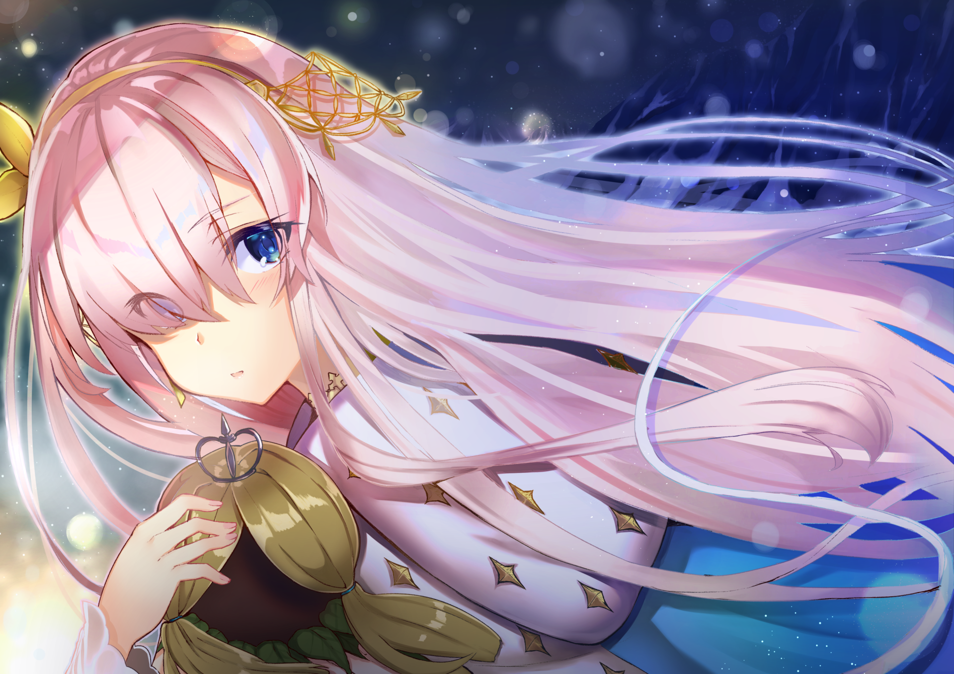 Anastasia (Fate/Grand Order) anime 2K Quad HD PC wallpaper — pink-haired, blue-eyed Anastasia in white-gold attire, holding a globe as her long hair flows against a starry night sky.