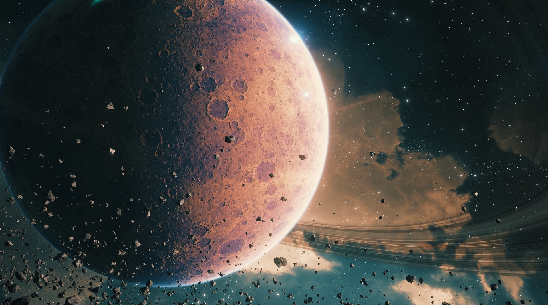 HD PC desktop wallpaper from the video game Everspace, featuring a detailed, cratered planet surrounded by space debris and a distant starfield.