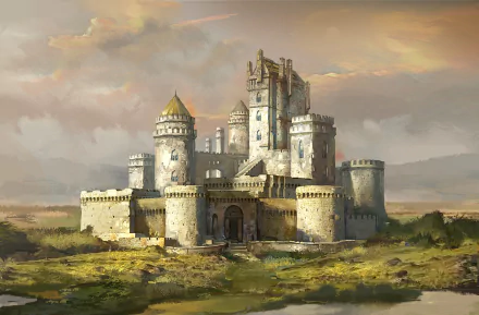 HD fantasy PC desktop wallpaper featuring a majestic, ancient castle set against a dramatic sky and expansive landscape.