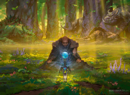 A fantasy warrior wielding a sword and magic confronts a towering creature in an enchanted forest, captured in an HD PC desktop wallpaper.