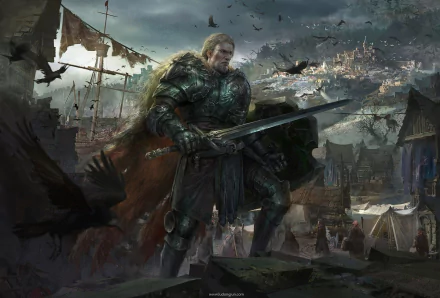 A fantasy warrior knight in detailed armor holds a sword and shield, standing in a dark town with crows flying overhead, captured in this HD PC desktop wallpaper.