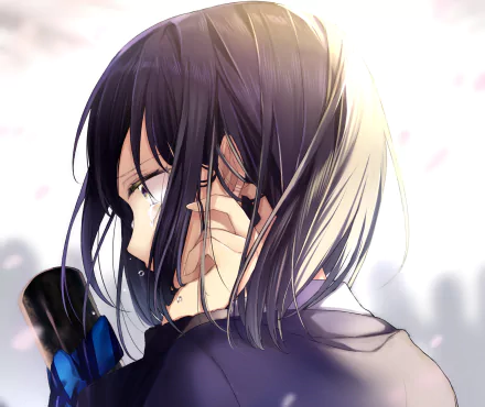 HD anime desktop wallpaper featuring an original character with short black hair, tears streaming down her face in a soft, emotional close-up.