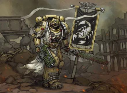 HD desktop wallpaper of a Warhammer 40k Space Marine warrior holding a weapon and banner amid a war-torn battlefield scene.