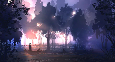 HD desktop wallpaper featuring a fantasy forest with sunlight filtering through the trees, and a lone figure walking amidst the magical atmosphere.