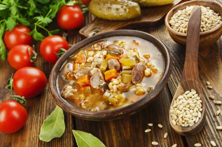 HD still life desktop wallpaper featuring a bowl of hearty tomato soup with vegetables, fresh tomatoes, herbs, and grains arranged on a rustic wooden table.