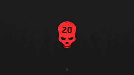 Minimalist skull wallpaper - 'Cant Touch This' (Dying Light) video game art: red skull marked '20' on a black field. 8K Ultra HD PC desktop wallpaper/background, Minimalist Gaming style.