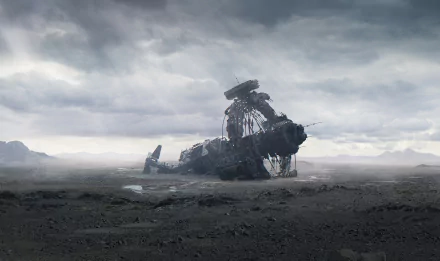 HD Sci-Fi PC desktop wallpaper featuring a large, weathered spaceship wreckage on a desolate, rocky alien landscape under a cloudy sky.