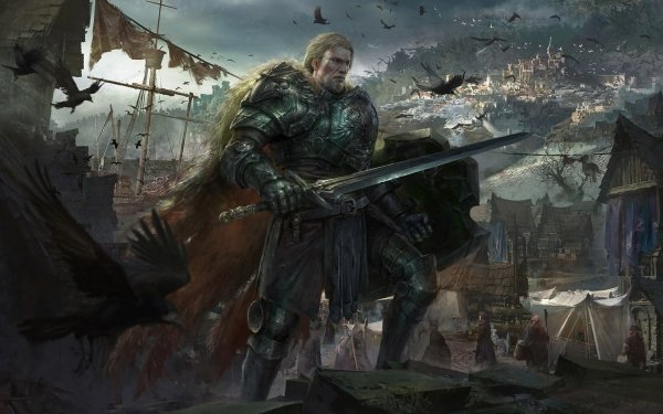 Fantasy Knight Warrior Armor Sword Shield Town Crow HD Wallpaper | Background Image