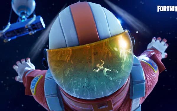An astronaut character from Fortnite in a space suit, mid-air with arms outstretched, against a starry background. The Fortnite logo is visible in the top right corner.