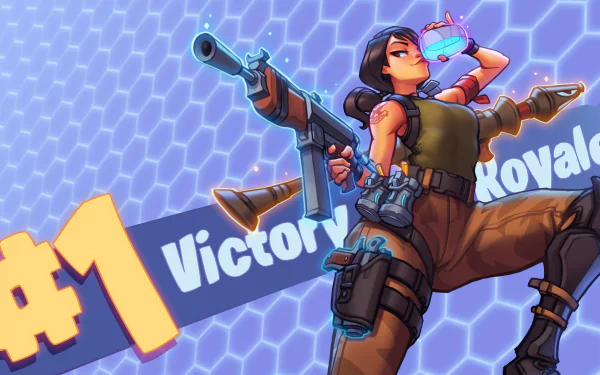 HD desktop wallpaper featuring a Fortnite character celebrating a Victory Royale with a dynamic pose and vivid background.