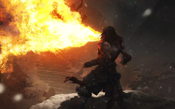 HD PC desktop wallpaper from the video game The Elder Scrolls: Legends, featuring a character unleashing a powerful fiery breath attack in a dark, snowy environment.