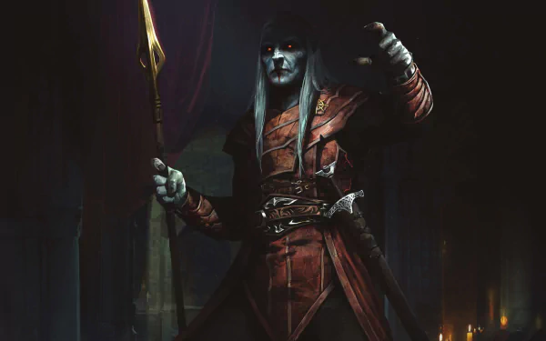 Dark, armored character with glowing eyes holds a spear in a shadowy setting, featured in The Elder Scrolls: Legends video game HD PC desktop wallpaper.